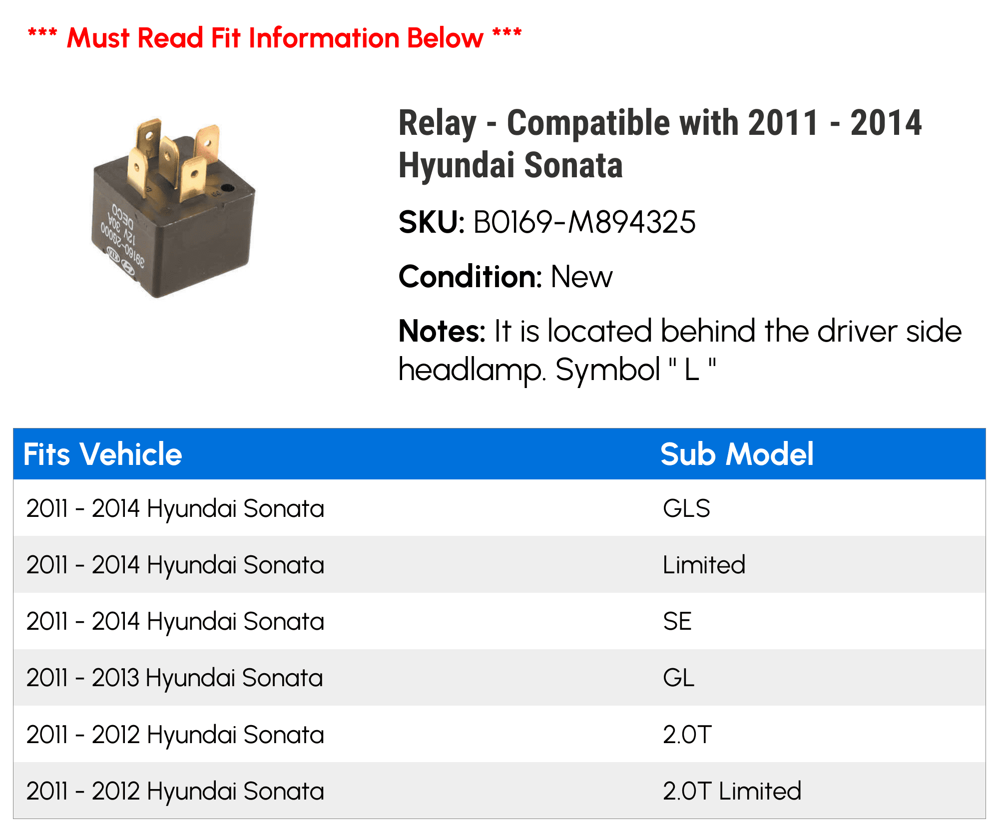 Relay - Compatible with 2011 - 2014 Hyundai Sonata 2012 2013