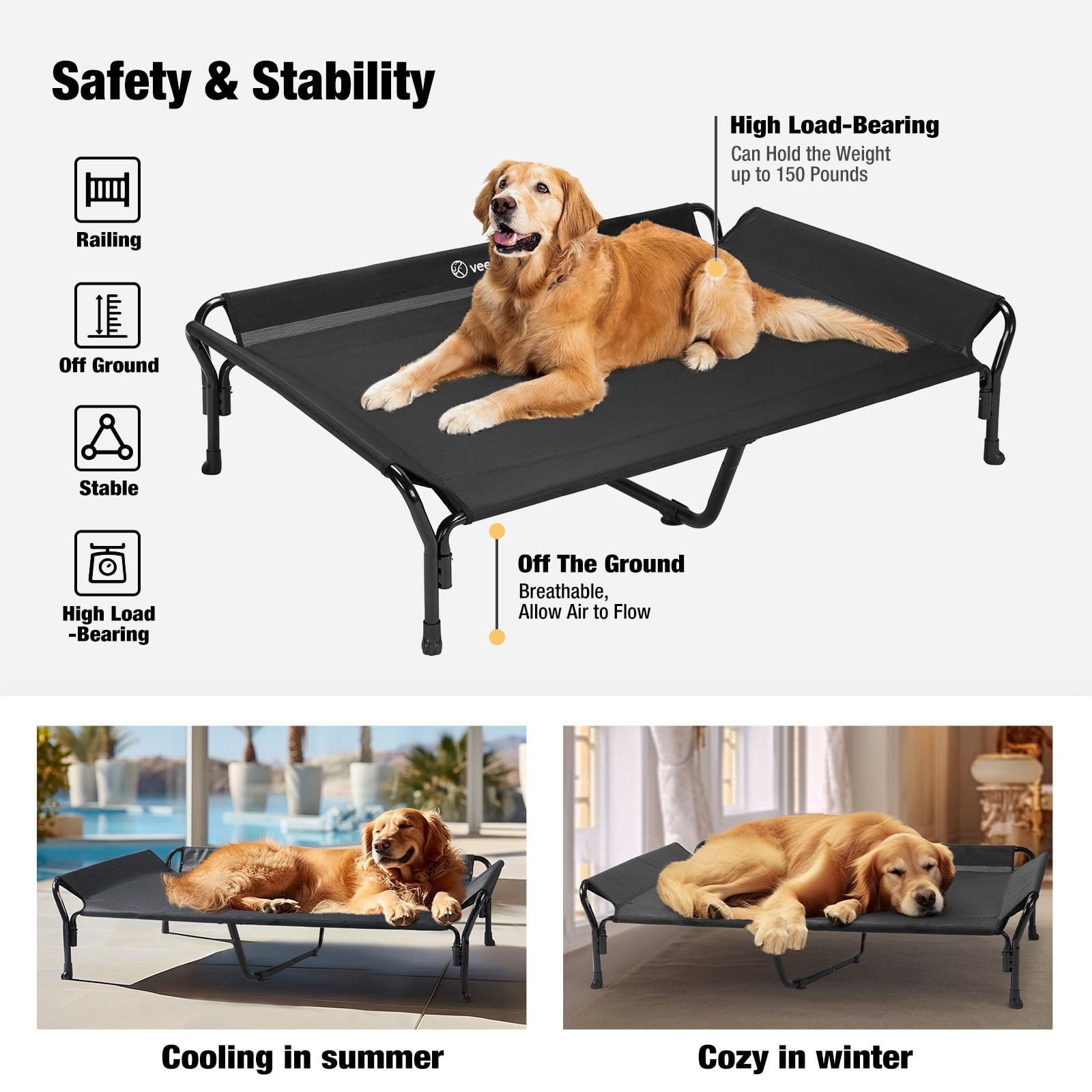 Veehoo Cooling Elevated Dog Bed with Guardrail & Slope Headrest, Teslin Mesh, X Large, Black