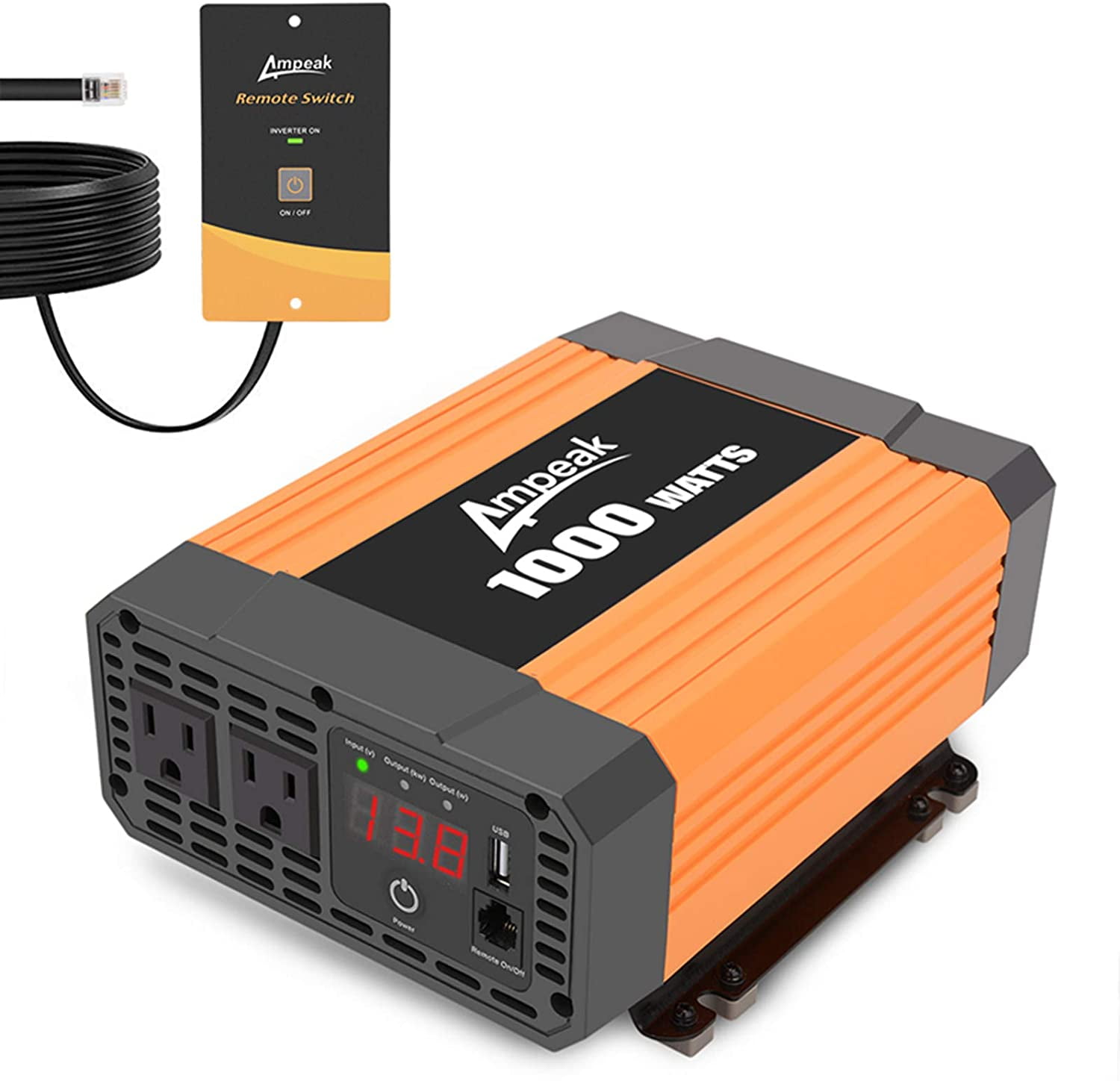 Ampeak Power Inverter 1000W 12V DC to 110V AC with 2 AC Outlets and USB