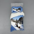 thumbnail image 2 of Ambesonne Winter Bedding Set 4 Pcs, Log Cabins in Mountains, Queen, Blue Brown White, 2 of 3
