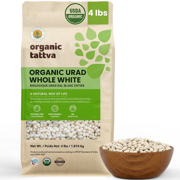 Organic Tattva White Urad Dal Whole 4LB, Dry White Lentils, Vegan, Kosher, No Additives, Gluten Free, USDA Certified