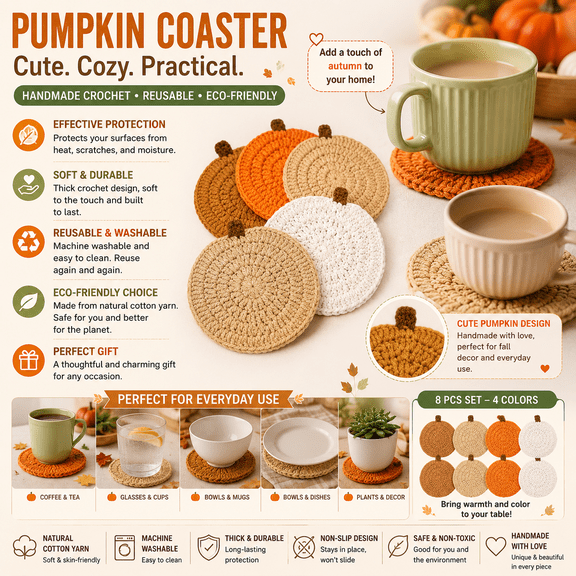 4-Pack Pumpkin Coasters, Handmade Crochet Cotton Drink Coasters, Absorbent Fall Table Coasters, Non-Slip Heat Resistant Decor for Halloween Thanksgiving Home