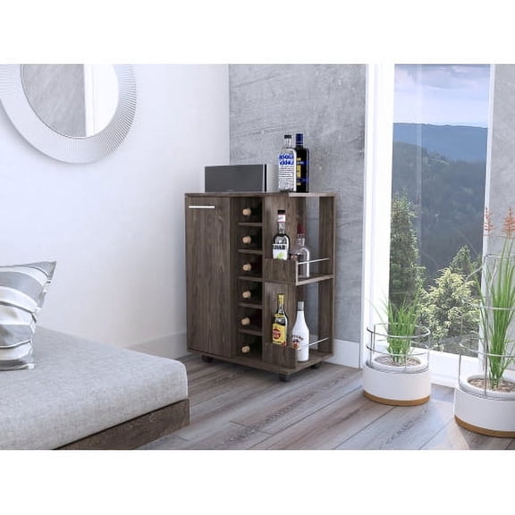 Dtwnek Wood Bar Cart with 2 Shelf and 6 Bottle Rack, Perfect for Home Bar Dining Room, Dark Brown