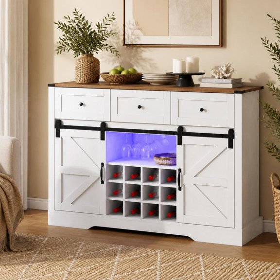 Wine Bar Cabinet, 52 Inch with LED Lights, Sliding Barn Doors and Glass Racks