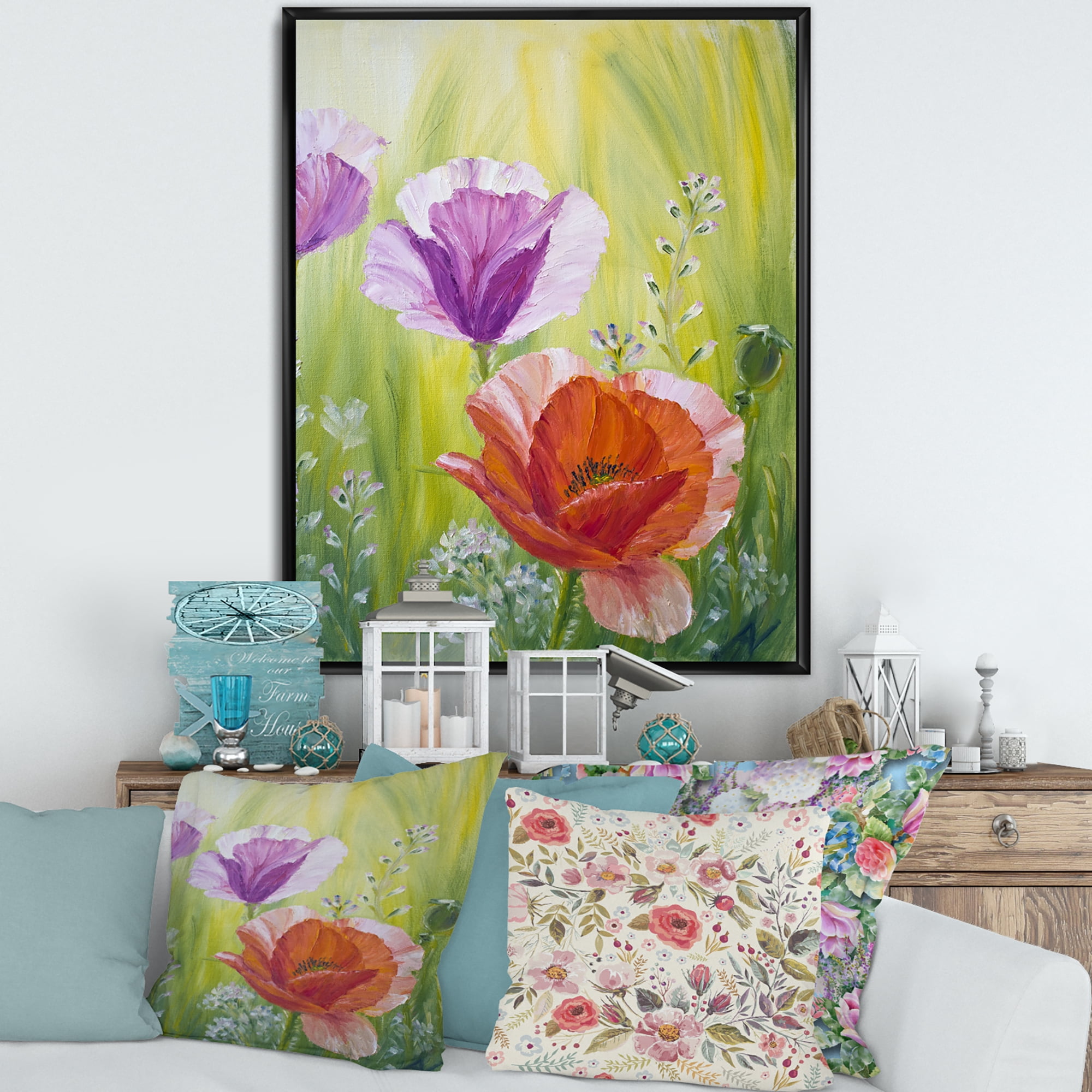 Designart 'Poppies In The Morning In Wild Green' Traditional Framed Canvas Wall Art Print