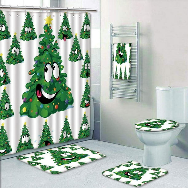 Prtau Christmas Christmas Tree Cartoon With Star Different Funny Face Expressions 5 Piece Bathroom Set Shower Curtain Bath Towel Bath Rug Contour Mat And Toilet Lid Cover Walmart Com Walmart Com