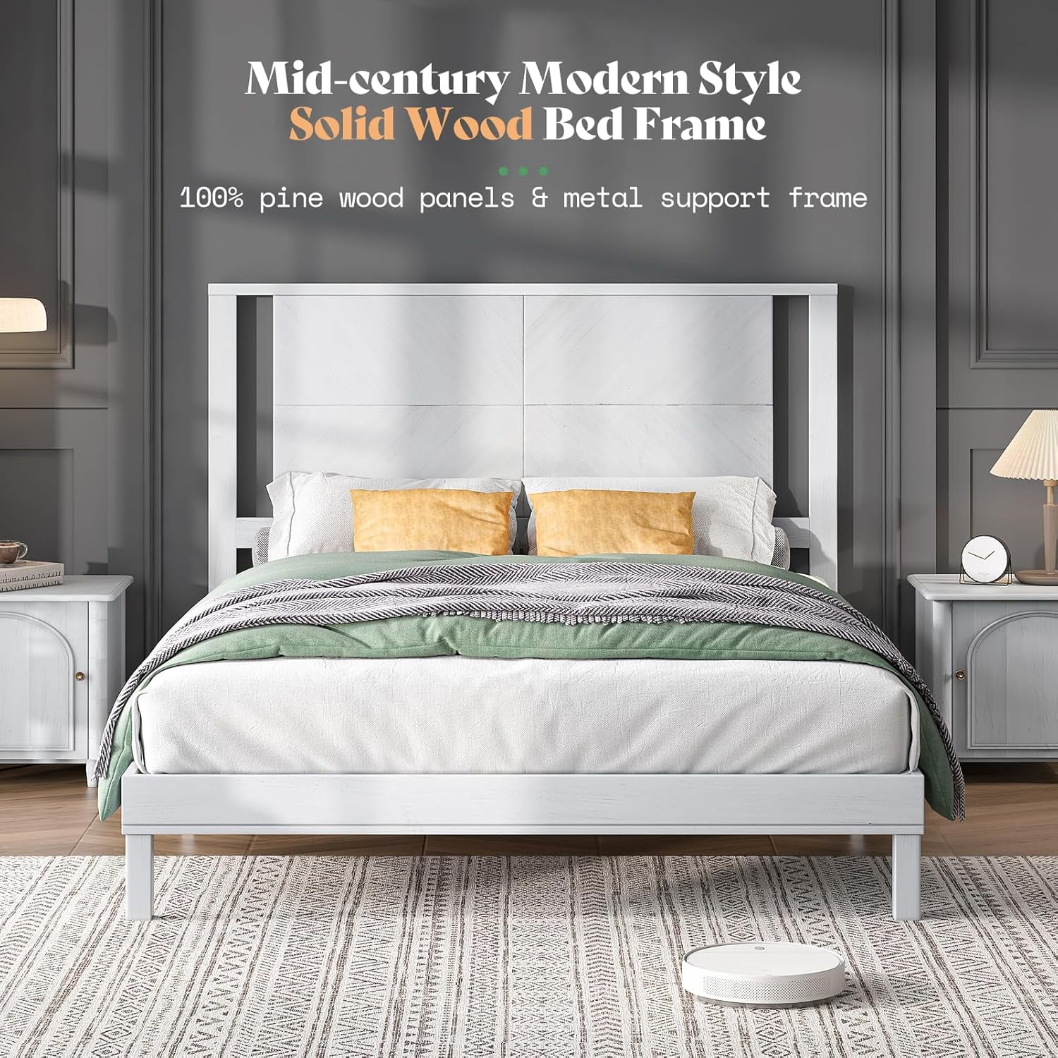 LUXOAK Solid Wood Queen Size Bed Frame with Easy Assembly & Storage Space, Antique White
