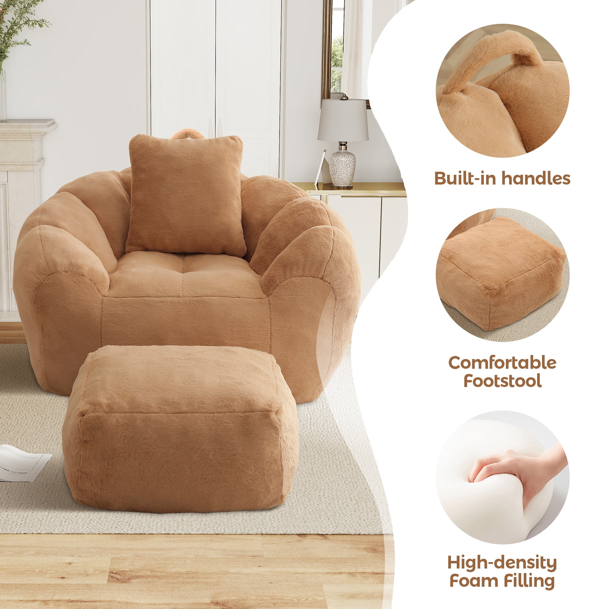 Aukfa Giant Bean Bag Chair,Lounge Chair Floor Lazy Sofa Bed with Ottoman & Pillow,Khaki