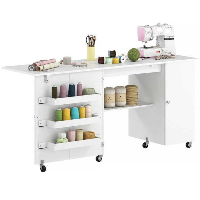 HOMCOM Folding Sewing Table with Drop Leaf, Rolling Craft Table, White