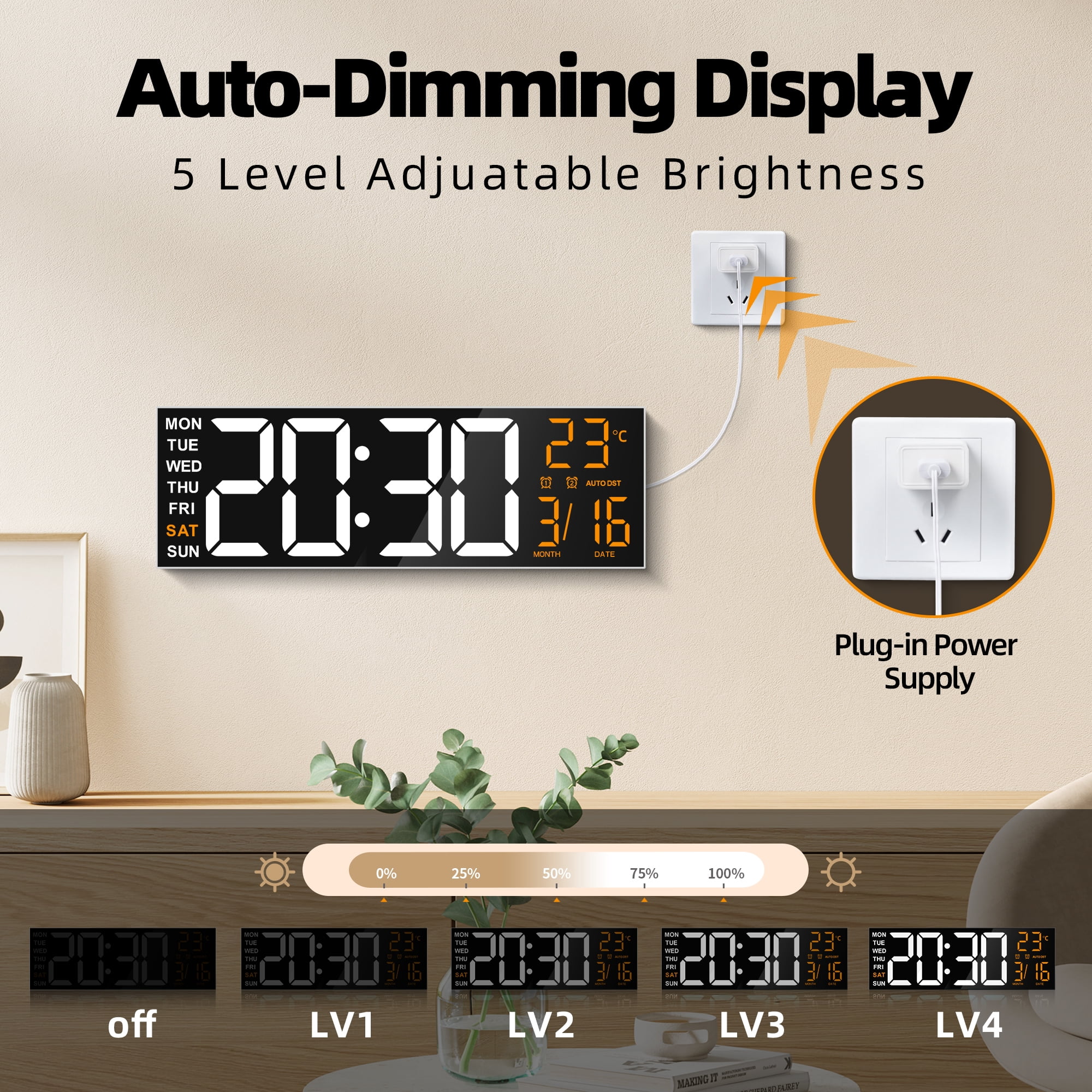 TOYOOSKY 16" Large Digital Wall Clock with 8 RGB Led Display & Remote Control