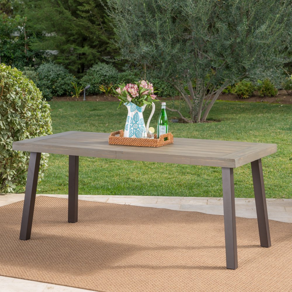 Kaia Outdoor Acacia Wood Dining Table with Metal Legs, Gray Finish