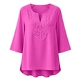 thumbnail image 4 of Womens Summer Shirts Lace V Neck 3/4 Sleeve Curved Hem Cotton Linen Oversized Tshirts for Women Pink 2XL, 4 of 4