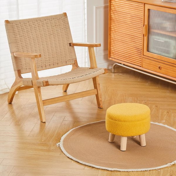 Storage Ottoman, Modern Round Footrest with Soft Padded Seat, Teddy Velvet Footstool with Wood Legs, Accent Small Table or Plant Stand for Living Room (Brilliant Yellow)