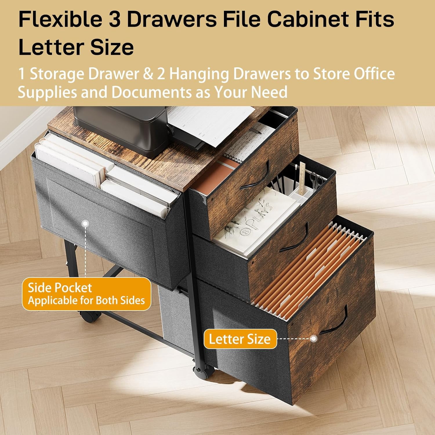 Ktaxon Rolling File Cabinet with Wheels Side Bag, Fabric Drawers Printer Stand for Home Office, Fits Letter Size, Brown