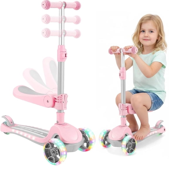 3 Wheel Scooter for Kids Ages 2-10 Years, 2 in 1 Kick Kids Scooter with Swivel Seat, Flashing Wheels and Light up Deck, 4 Adjustable Heights, Lean to Steer, Suitable for Boys & Girls Aged 2