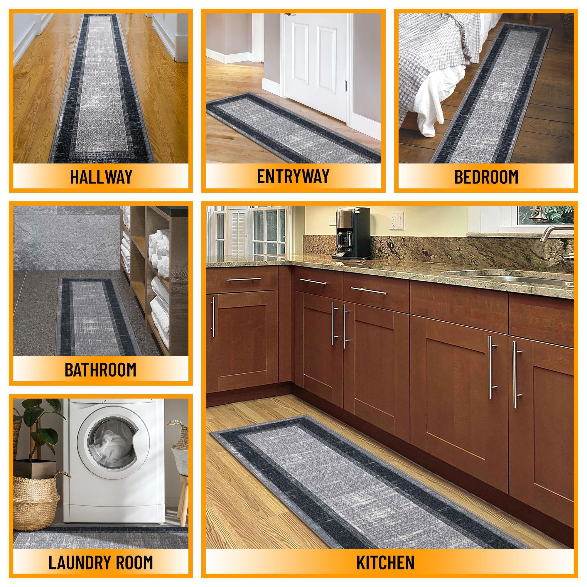 Ottomanson Border Kitchen Runner Rug 1'10" x 7' - Non Slip Low Pile Carpet, Gray/Navy