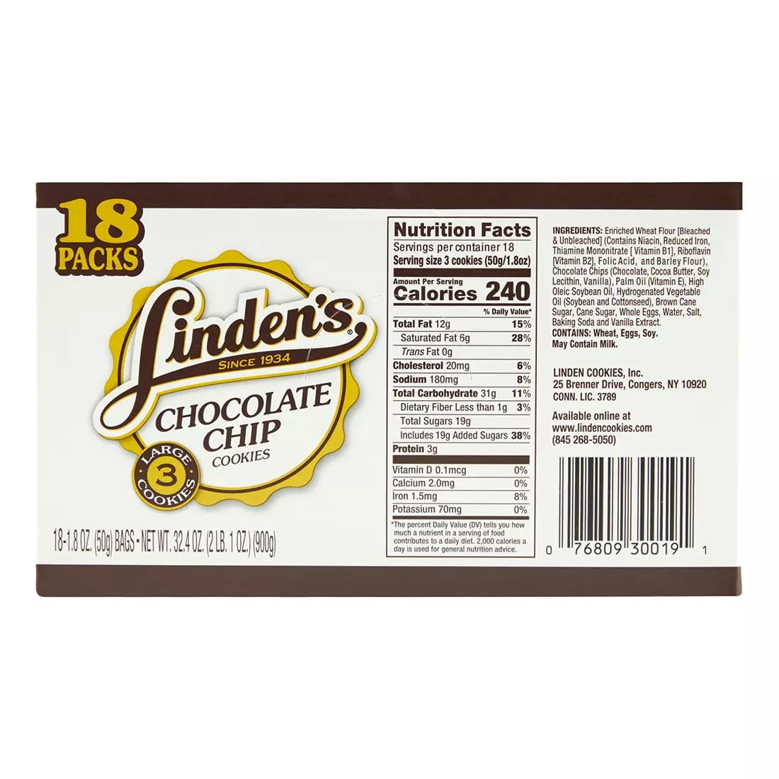 Linden's Chocolate Chip Cookies - 18 Packs of 3 Cookies Each