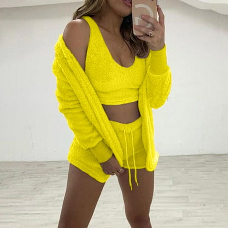 

Women Winter Fashion Warm Three Pieces Suit Soft Warm Flannel Shorts Pajamas Set Cute Cat Beard Hooded Sleepwear