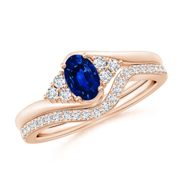 ANGARA Natural Oval Blue Sapphire Bypass Bridal Set with Diamonds in 14K Rose Gold for Women (Size-6x4mm) | September Birthstone, Anniversary, Jewelry Gift for Women | Natural Blue Sapphire Ring