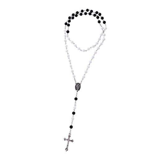 Bonarty Mens Boys Fashion Metal Cross Pendant 8mm Rosary Beads Necklace Sweater Chain - Black White