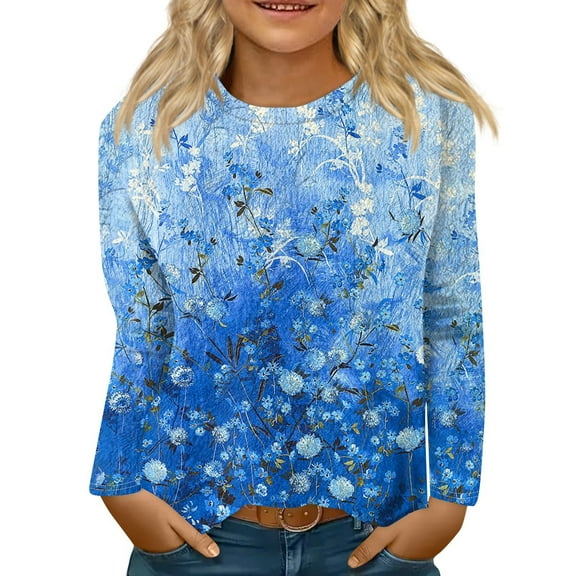 CCRFTGI Girls Long Sleeve Shirts Fall Trendy Flannel Girls Tops Size 10-12 Shirt Cute Floral Printed Kids Crewneck Tshirt Basic Tween Girls Clothes Blue 4-5 Years