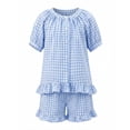 thumbnail image 4 of Girls 2 Piece Plaid Suit Puff Short Sleeve Crew Neck Tops Elastic Waist Short Ruffled Hem Cute Casual Outfits (15-16 Years, Blue), 4 of 8