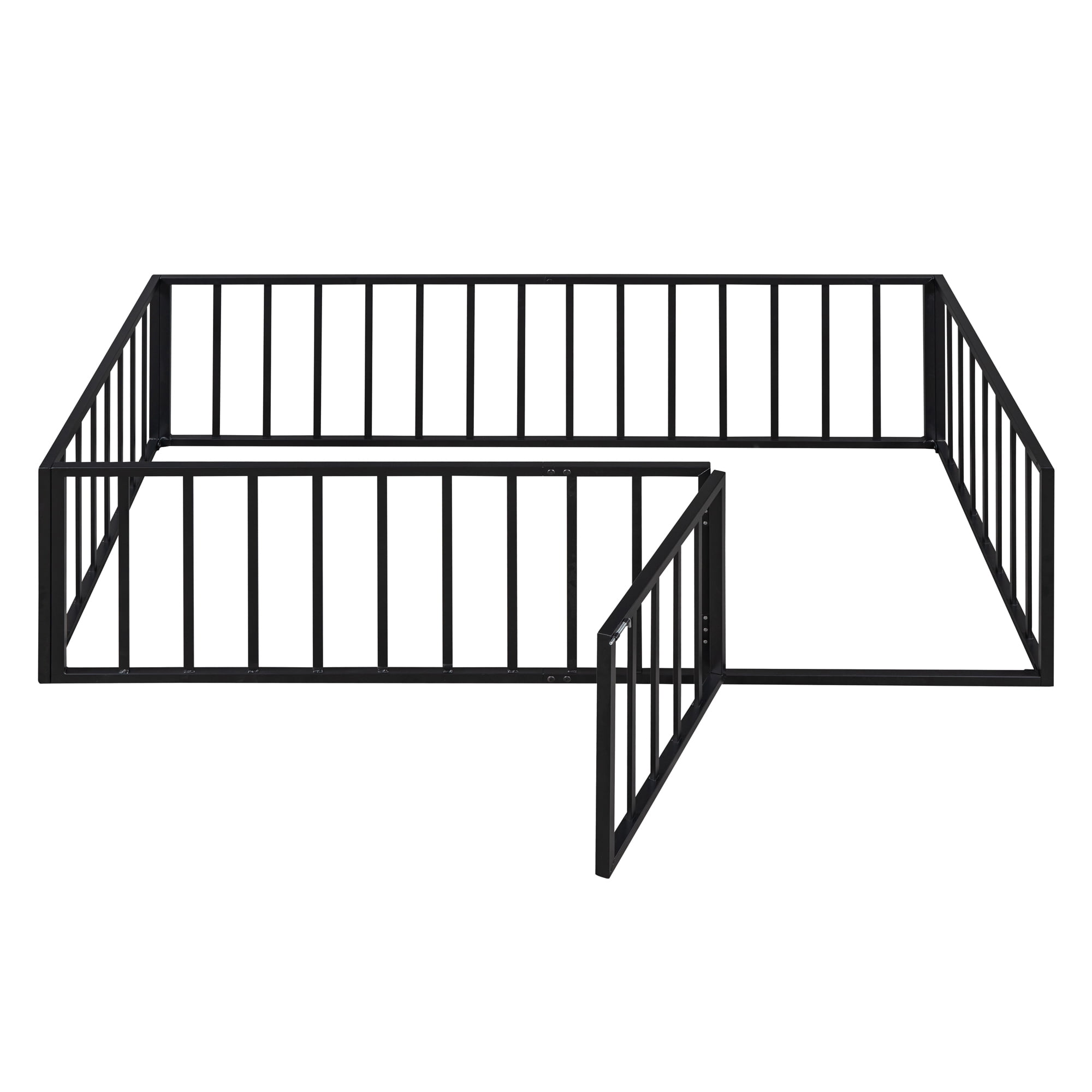 Bellemave Montessori Toddler Playful Twin Size Fence Rails Metal Floor Bed with Lockable Door, Black