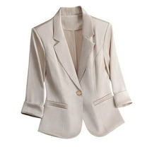 Womens One Button Blazer Textured 3/4 Sleeve Notch Laple Collar Suit Jacket with Pockets Business Casual Outfits (L, Beige)