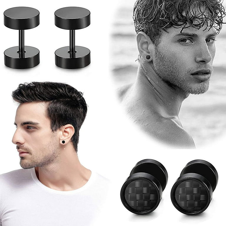 VONTER 7 Pairs set Stainless Steel Stud Earrings for Men Hoop Earrings Piercing Black Dumbbell Stud Earring Set