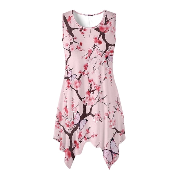 HELLHERO Cherry Blossom Butterfly Print Sleeveless Sundress for Business Casual Cocktail Party, Side Pockets Irregular Hem Summer Sleeveless Dress