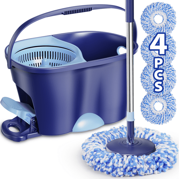 MYSPRI Spin Mop and Bucket with Wringer System Set for Floors Cleaning, 4 Reusable Microfiber Mop Pads