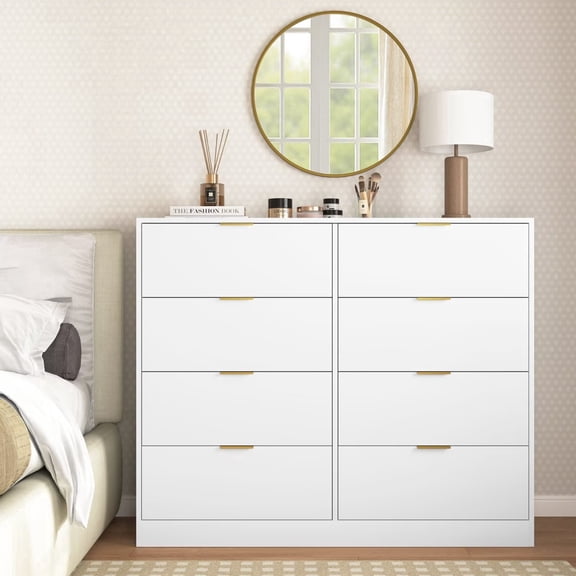 UZUGUL 8-Drawer White Dresser, Gold Knobs, Wide Top Surface (47"), Quiet Slide Rails, for Dorm Apartment Guest Room
