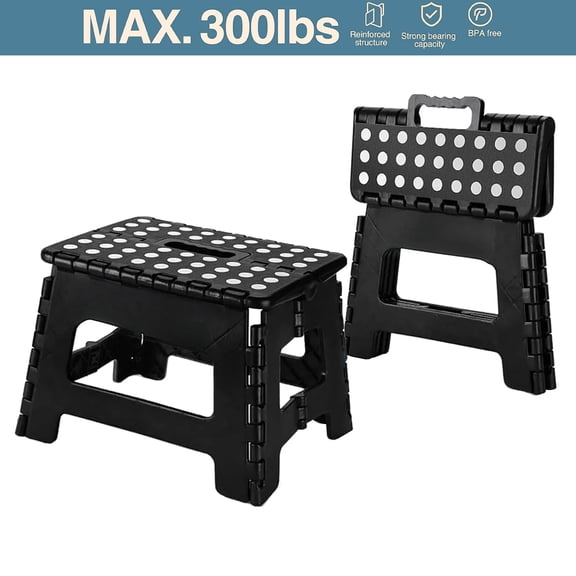Folding Step Stool for Adults, 9 Inch Plastic Foldable Step Stool with Handle, 300 lb Capacity, Portable Non-Slip Stool for Bathroom, Bedroom, Kitchen, Black