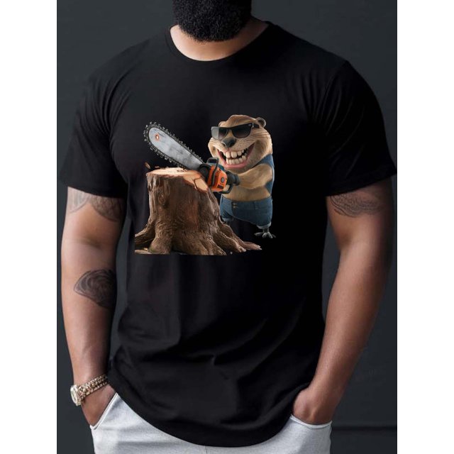 Men's Beaver Chainsaw Print T-Shirt, Casual Crew Neck Short Sleeve Tee, Regular Fit Top, Geometric Pattern, Slight Stretch