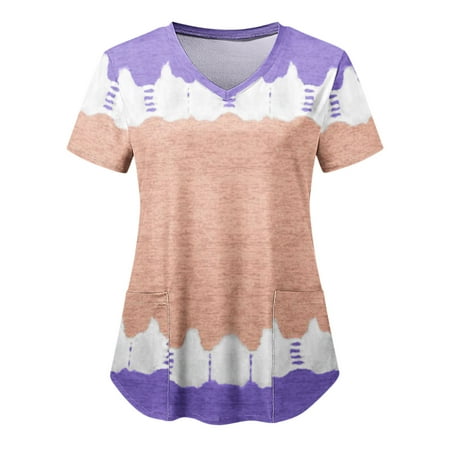 

Women Scrubs Top Fashion Tie Dye Gradient Printed Short Sleeve V-Neck Holiday Working Shirt With Pockets Tee Working Uniform Nurses Clothing Workwear