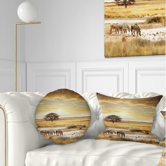 Designart Herd of Zebras Drinking Water - African Landscape Printed Throw Pillow - 12x20