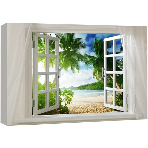 wall26 Glimpse into Beautiful Tropical Beach with Palm Trees Out of Open Window - Canvas Art Wall Art - 16"x24"