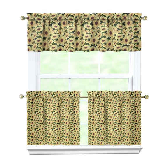 3 PCS Sunflower Kitchen Curtains Set with Valance - Boho Floral Farmhouse Tier Window Curtains 54x18 & 27.5x24 Inch, Rod Pocket Rustic Country Caf Curtains