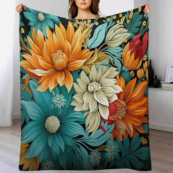 Throw Blanket Garden Flower Garden Teal Orange Luxury Velvet Super Soft Colorful Floral Plush Flannel Blanket for Couch Bed Living Room for Women Men 50"x60"