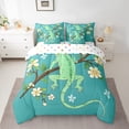 thumbnail image 2 of 7 Pcs Green Lizard Bed In A Bag,Animal Reptile Comforter Set,Beige Flower Floral Bedding Sets Twin Size,Cartoon Wildlife Quilt with Flat Fitted Sheet Brown Branches Green Leaves Decor, 2 of 5