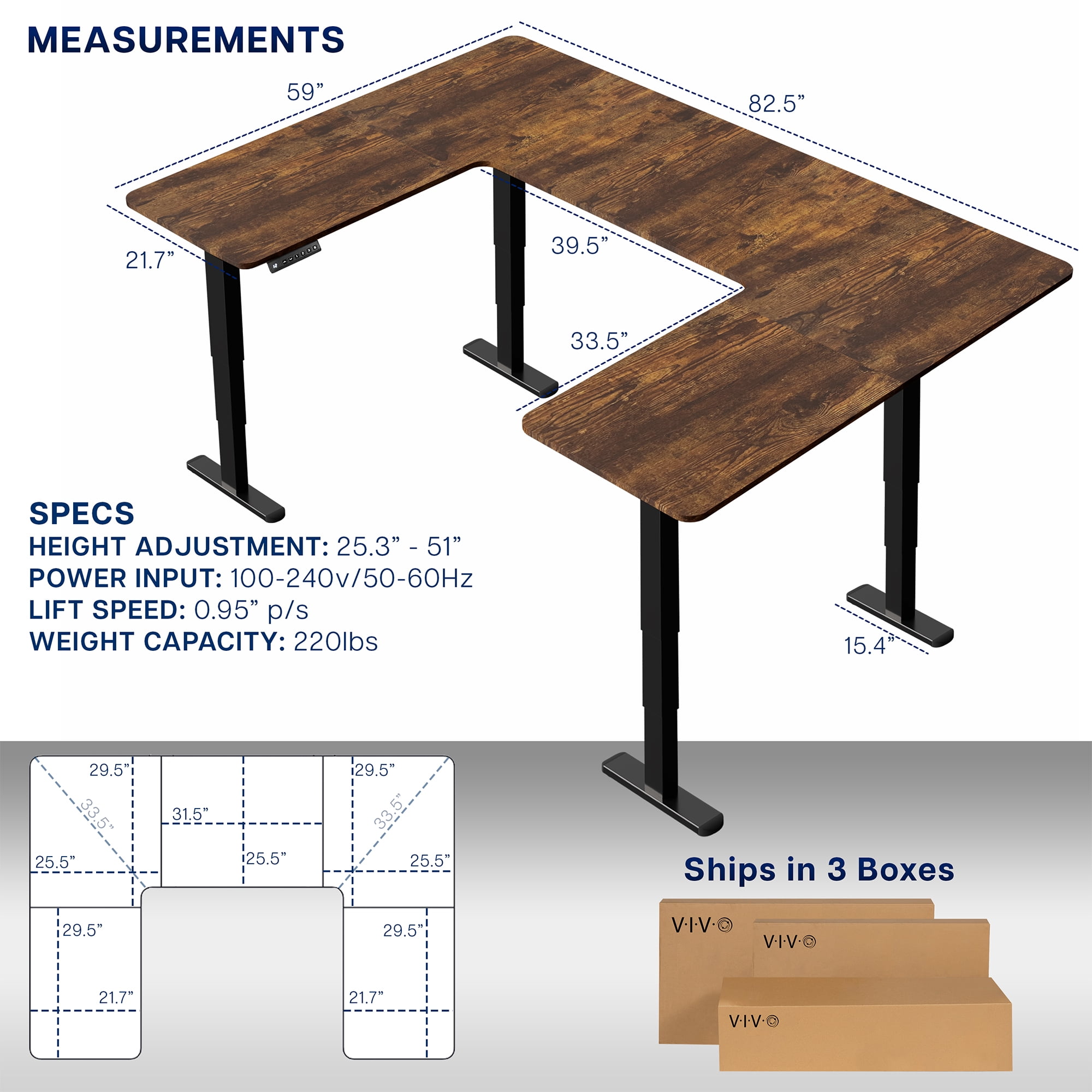 VIVO Vintage Brown/Black U-Shaped 83"x60" Height Adjustable 4-Leg Electric Desk