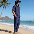 thumbnail image 3 of OGLCCG Men's 2 Piece Linen Beach Outfits Short Sleeve Button Up Hooded Shirt and Pant Set Casual Matching Set with Pockets,XL,Navy, 3 of 8