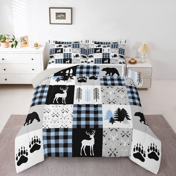 Castle Fairy Teens Safari Deer Bear Twin Comforter Sets,Geometric Plaid Bedding Set