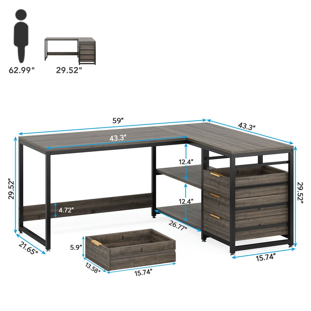 Spaco 59" L-Shaped Desk, Reversible Corner Desk with Drawers & Shelves, Desk for Indoor as Home, Office, Gray