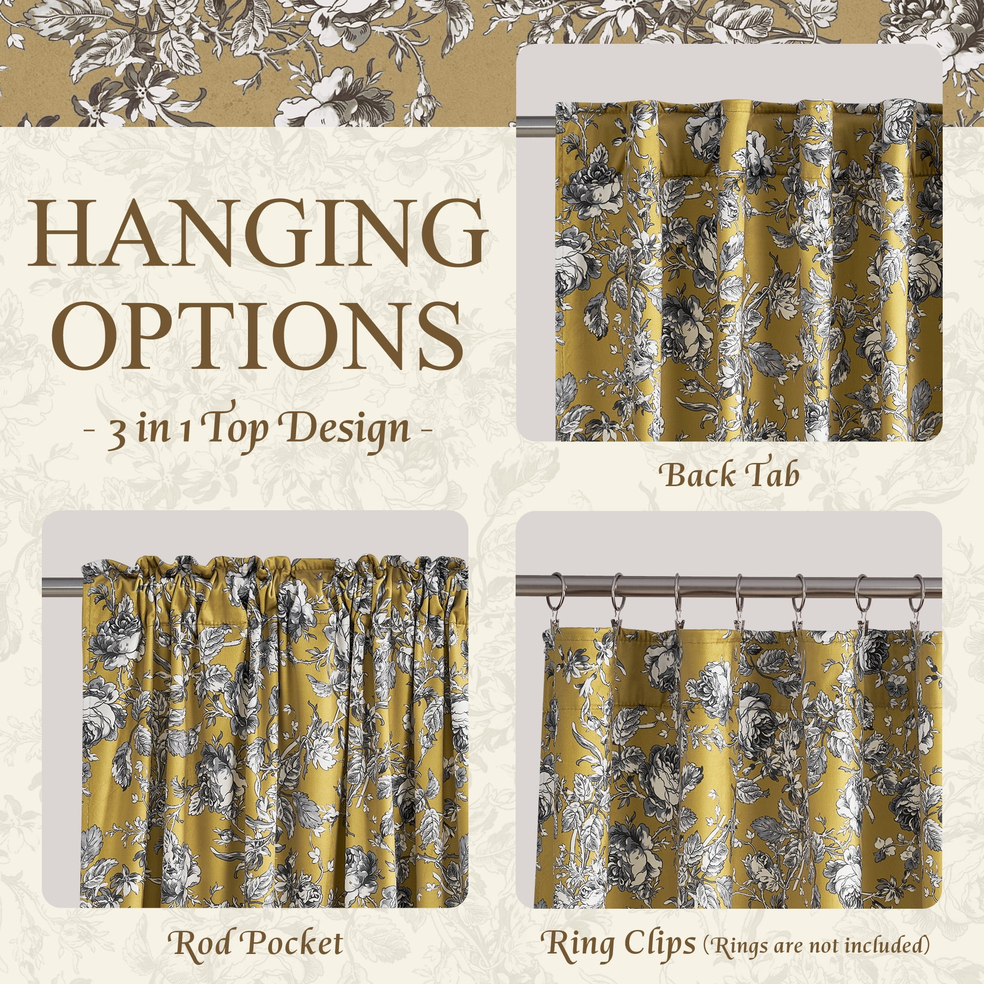 StangH Vintage Floral Velvet Curtains, Rose Patterned Drapes with Privacy Thermal Insulated Neoclassical Style for Dining Room, Mustard Yellow, W52 x L96, 2 Panels