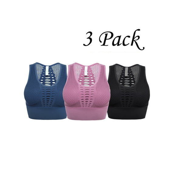 SAYFUT Women's Seamless Sports Bra High Impact Mesh Eyelet Racerback Running Workout Yoga Crop Top 3 Pack