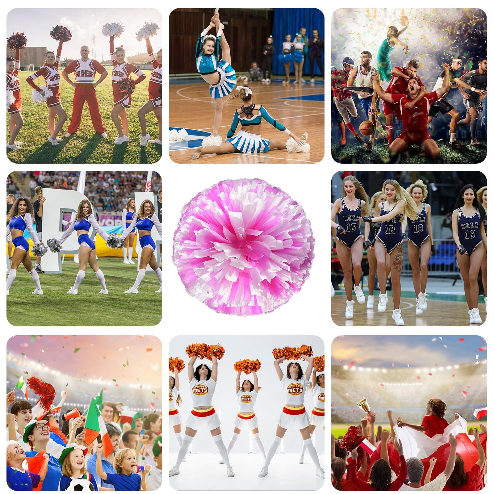8 Pcs Cheerleading Pom Poms, Cheerleader Pompoms with Straight Handle Style,Fit for Team Spirit Sports Dance Cheering