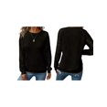 thumbnail image 3 of Women'S Solid Color Lace Trim Long Sleeve T-Shirt Round Neck See Through Casual Elegant Top Black XL, 3 of 7