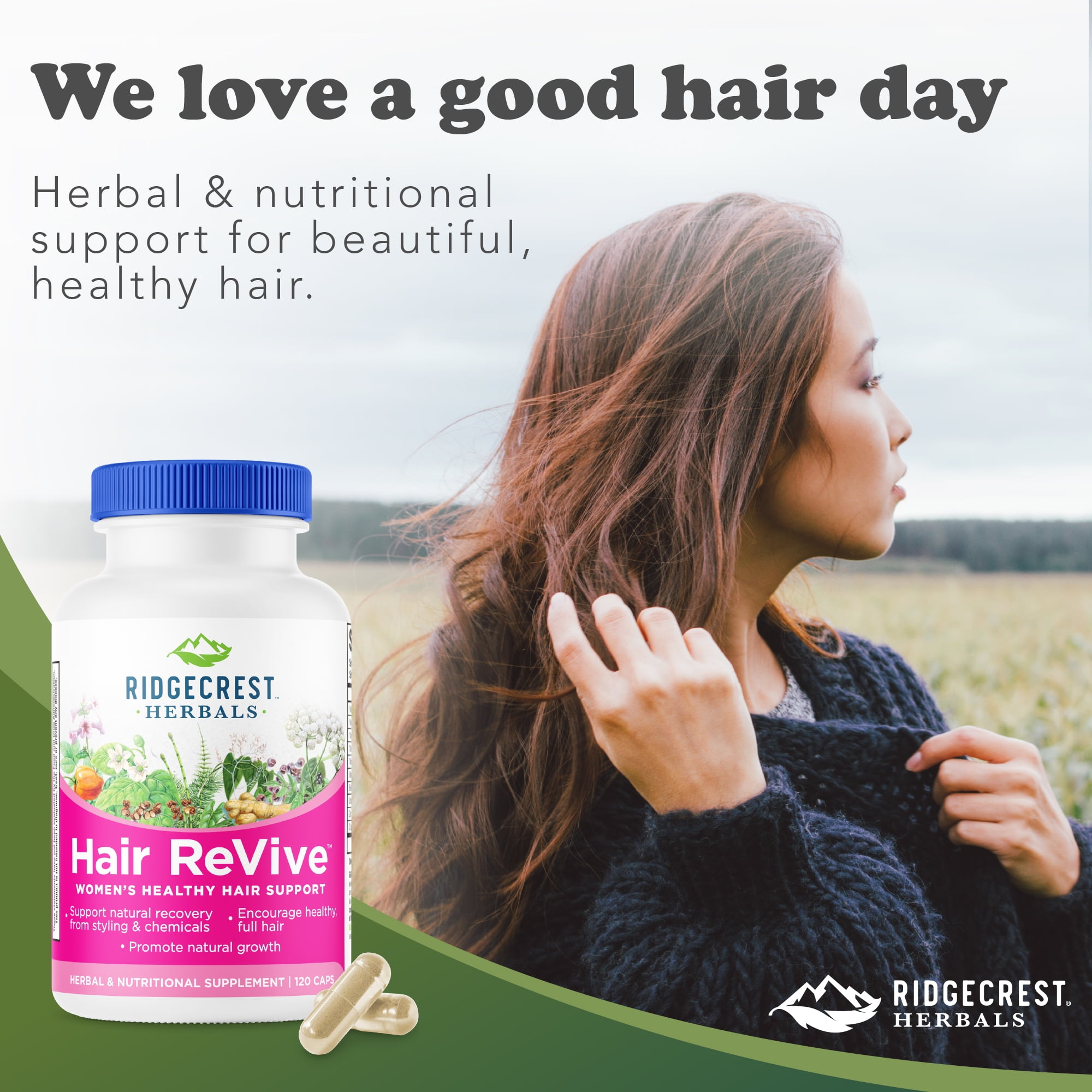 RidgeCrest Herbals Hair ReVive, Nutritional Hair Supplement with Vitamin C, Biotin, Zinc, and Copper, Hair Vitamins for Women to Support Healthy Hair, Skin, and Nails (120 Caps, 30 Serv)
