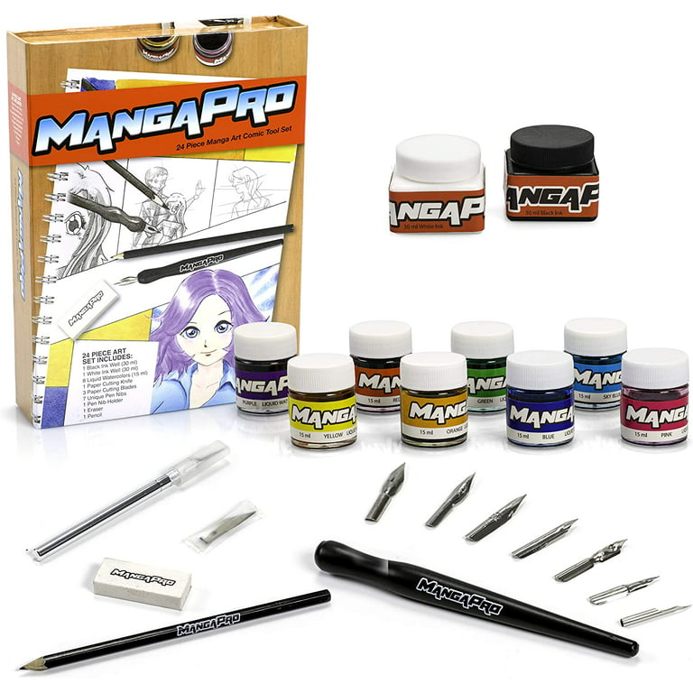 Premium Art Drawing Set - 24 pc Manga Animae Animation Sketch and Comic  Cartoon Tools Kit w Ink, Watercolors, Knives, Pen, Nibs, Eraser, and  Pencils - For Beginners or Experts Illustration 